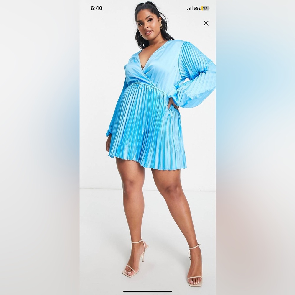 Style PlusxBillie Faiers exclusive pleated belt detail mini skater dress in blue